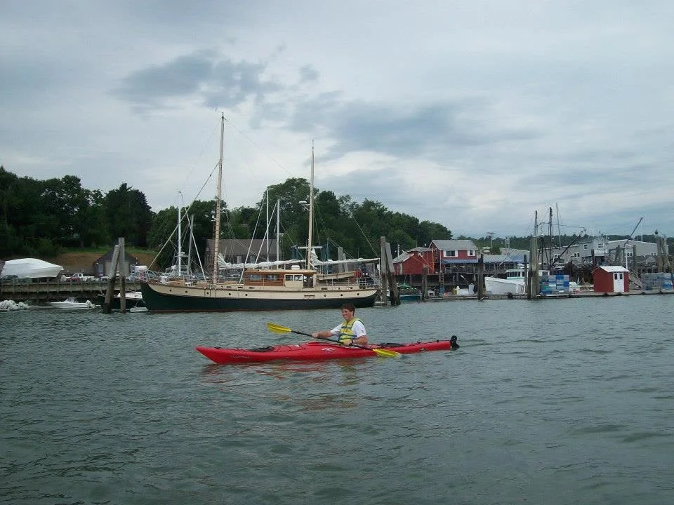 Kayaking the Harraseeket River past the South Freeport boatyard
